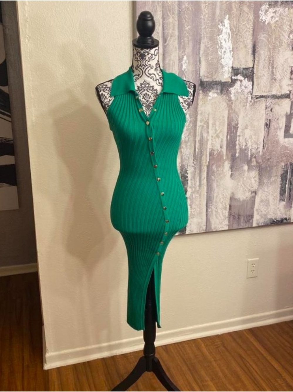 New Ladies Green Ribbed Mini Dress Size Small